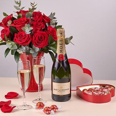 Lover's Delight: Red Roses, Moet & Chandon and Chocolates